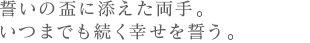 誓いの盃に添えた両手。いつまでの続く幸せを誓う。